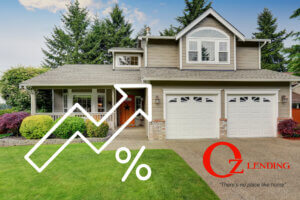 home in the suburbs with percentage rate icon pointing up
